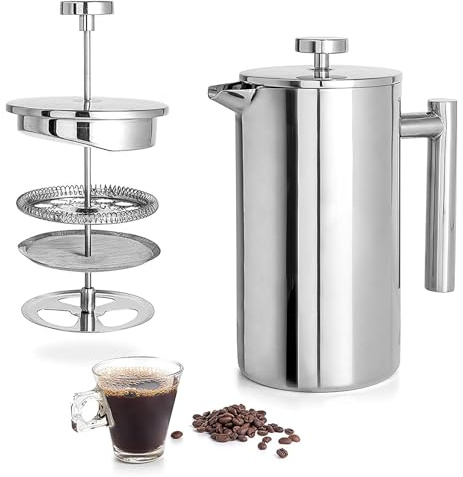 Cafetiere 2 Cups, 350ML Stainless Steel French Press Coffee Maker, 3 Level Filter Double-Walled Insulated French Press Caffettiere for Home and Office Coffee Pot, Including 2 Replacement Filter