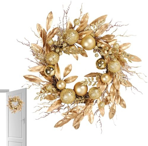 Chaies Ghirlanda natalizia per esterni, ghirlande invernali per la porta di casa, 45 cm, decorazioni da parete – Ghirlanda di Natale artificiale con dorata, foglie, gancio per porta per cortile,