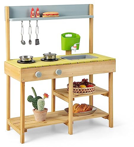 DREAMADE Cuisine Enfant, Cuisine de Boue en Bois pour Extérieur avec Plaque de Cuisson, Évier Amovible, Bac d'eau et Robinet, étagères de Rangement (Naturel)
