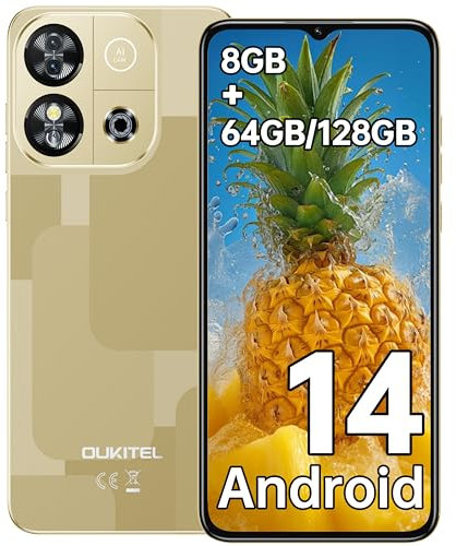 OUKITEL C57S Smartphone Android 14-8GB(2+6) RAM+64GB ROM(TF 128GB), Octa-Core, 6.52 HD+ Telefono Cellulare, 13MP+5MP Cellulari, 4300mAh, 4G Dual SIM Telefoni Offerta, Face ID/GPS/3.5mm Jack - Oro