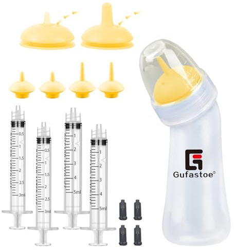Gufastoe Puppy Bottle, Pet Feeding Nipple and Syringes, Kitten Puppy Bottles for Breastfeeding Kit for Puppies Dogs Cats or Other Newborn Pets, Pack of 15 (Yellow)