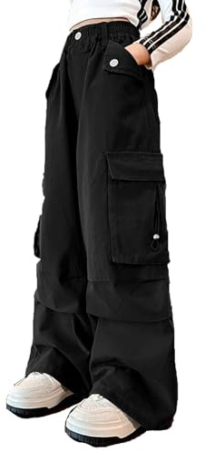 Kids Baggy Cargo Trousers Girls Elastic Waist Trendy Pants for Girls Loose Fit Summer Stretchy Comfy School Casual Athletic Vacation Streetwear Bottoms 4-15 Years (Black, 10-11 Years)