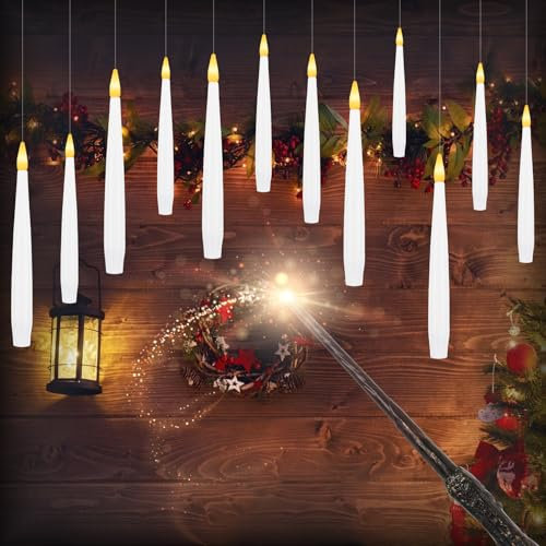 Dixmas Floating Candles with Magic Wand Remote and Batteries, 12Pcs Flickering LED Taper Candle, Hanging LED Candles for Halloween Christmas Wedding Birthday Party Decor