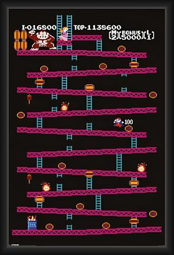 BUY ART FOR LESS Officially Licensed Donkey Kong Game Map Screen - Framed Art Poster - 24 x 36 Inch - Sturdy Engineered Wood Frame with Plexi Glass - Ready to Hang