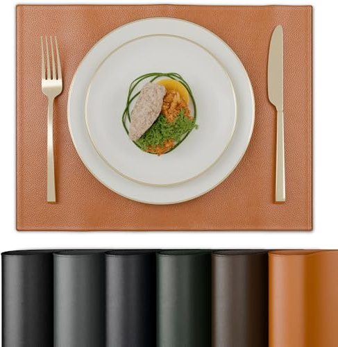 Encasa XO Manteles Individuales de Cuero Sintético – Set de 4 | Resistente al Agua y al Calor | Lavables y fáciles de Limpiar | Juegos de Mesa Decorativos para Cocina – 42x30 cm, Broncearse