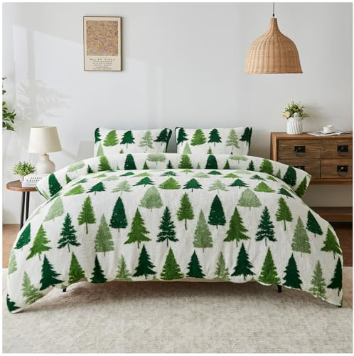 GC GAVENO CAVAILIA Christmas Duvet Cover - Xmas Tree Bedding Double Bed Set With Pillowcases - Polyester Double Duvet Set - Soft Easy Care Bed Linen - Xmas Gift For Lovers - (200x200 cm), Green