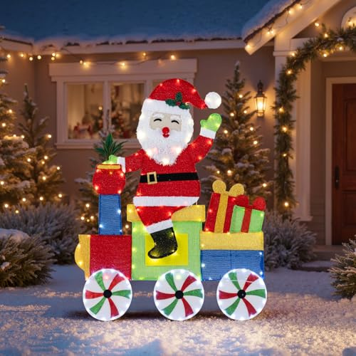 GOPLUS LED-jultomtedekoration, 120 cm jultomte på tåg, juldekoration med 133 LED-lampor, upplyst juldekoration, julfigur, julbelysning för hem, trädgård, veranda