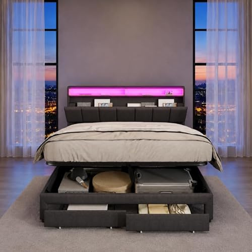 BIYFSDS -Cama 160x200 con Almacenaje Hidráulica y 2 Cajones, Cama tapizada LED, Camas Matrimoniales con Cabecero LED y Soporte de Láminas de Madera, Camas Juveniles, Sin Colchón