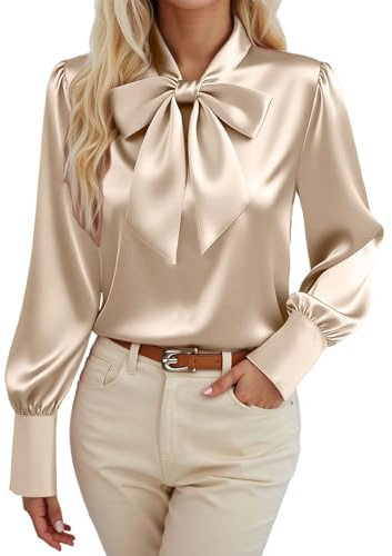 Camicia da donna in raso, elegante, a maniche lunghe, con colletto alto, con fiocco, in seta, a maniche lunghe, da ufficio, da lavoro, cachi, S