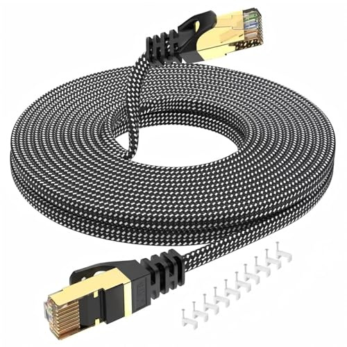 LLQINV CAT8 Ethernet Cable 10m 40Gbps 2000MHz High Speed Flat Braided RJ45 Lan Network Cable for Gaming, PS5, Xbox, Router, Modem, PC, Smart TV with cable clips