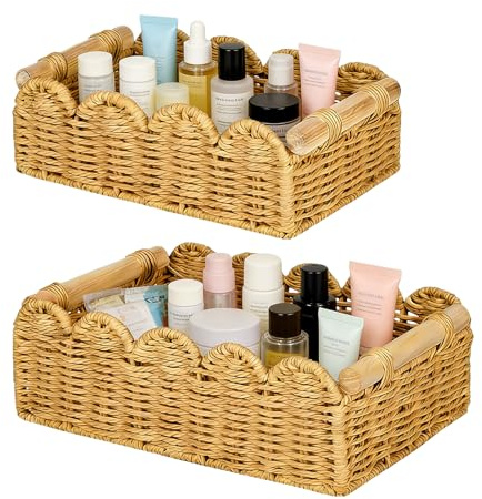 VEGOATY Lot de 2 paniers d'étagère tissés à la main : 2 tailles de paniers de rangement tressés avec poignées, panier de papier toilette pour serviette, convient pour le salon, la chambre, la salle de