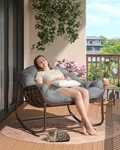 GarveeMore Fauteuil à Bascule Papasan XXL Type Chaise œuf en rotin tressé - Coussin épais - Cadre métal Robuste - intérieur/supplémentaireérieur Patio Balcon Jardin - Couleur: Brown Powder Coating +