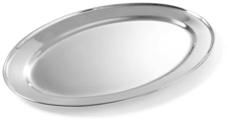 HENDI Plato oval de servicio, bandeja multiusos para cocina, decoración y presentación de alimentos, carnes y fiambres, fuente de fiesta, 500x350x(H) 30mm, acero inoxidable