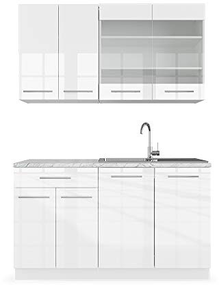 Vicco Singleküche Fame-Line, Weiß Hochglanz/Weiß, 140 cm ohne Arbeitsplatte, passend für gängige Elektrogeräte und Spülen kombinierbar