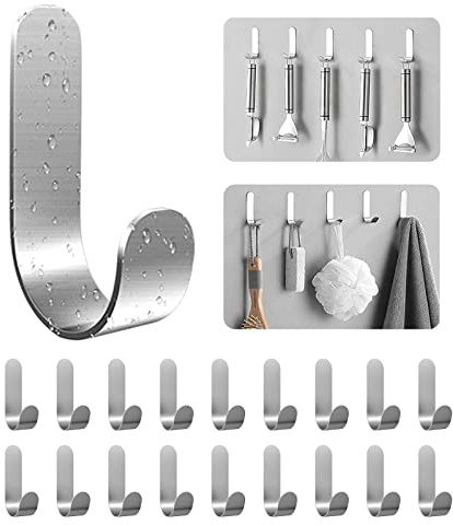 Self Adhesive Towel Hooks, 304 Stainless Steel Heavy Duty Shower Hook for Bathroom, Kitchen, Living Room and Hotel to Hang Towels, Keys, Bags and Hats - 20 Pack