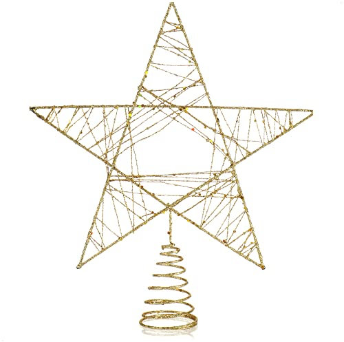 COM-FOUR® Deco Star Christmas - Estrella de decoración navideña de Metal - Poinsettia de pie con Purpurina y Lentejuelas - Copa de árbol de Navidad Dorada (dorado/27cm)
