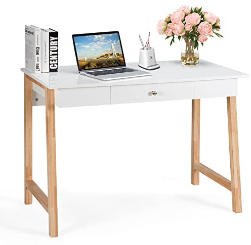 GIANTEX Bureau d'ordinateur de bureau avec 1 tiroir en bois, grand étage, pieds en bois massif, idéal pour studio et bureau, style moderne, 106,5 x 50 x 75,5 cm (naturel)