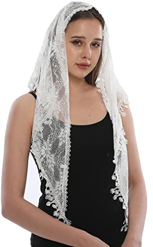 LMVERNA Velo de encaje triangular Mantilla cabeza de iglesia bufanda latina para masas boda damas de honor, blanco2, M