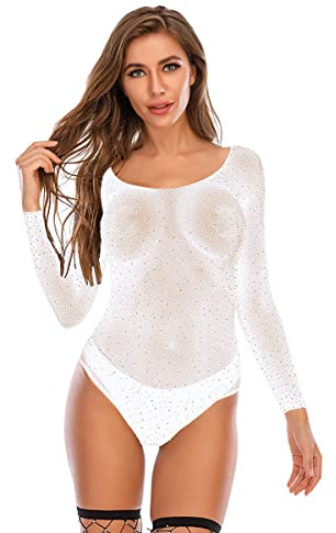 IBAKOM Damen-Body mit glitzerndem Glitzer-Strass-Netz, durchscheinend, Netz-Body, langärmelig, Turnanzug, Top, Teddy, Dessous, Catsuit, Bühne, Clubwear, Nachtclub, Rave-Outfit, weiß, Einheitsgröße