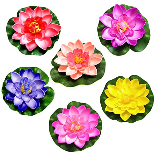 Lot de 6 nénuphars artificiels flottants - Plantes de bassin artificielles - Nénuphars artificiels - Décoration d'étang flottante pour aquarium, terrasse, jardin, étang