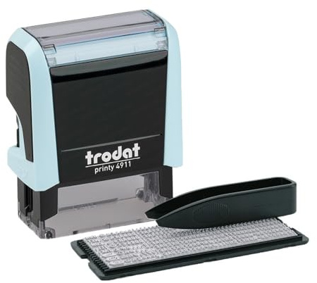 Trodat Printy 4911 - Juego de sellos en color azul pastel, 3 líneas de texto, impresión 38 x 14 mm, alemán, incluye pinzas, almohadilla de tinta negra y juego de letras y números en talla única