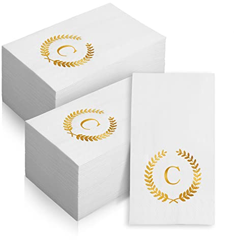 200 Pack Monogrammed Disposable Napkins Gold Foil Letter C Guest Napkins Initial Disposable Hand Paper Towels for Wedding Engagement Baby Shower Party Home Kitchen Bathroom Dinner Decorative Towels
