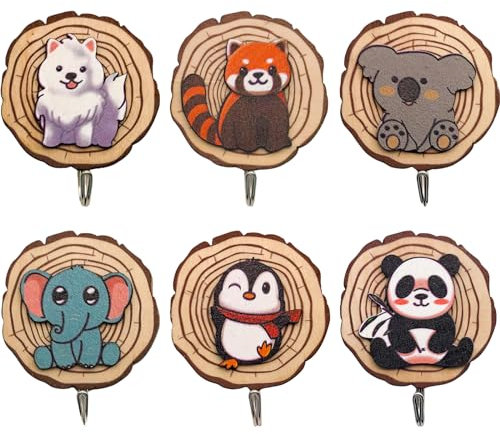 Kotkiddy® 6 Stück Kindergarderobe, Selbstklebender Haken, Kleiderhaken für Kinder in Tierform, Wandhaken Holz Ohne Bohren, Garderoben Kinderzimmer Deco Geschenk