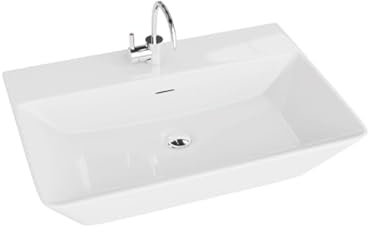 LAVITA Aufsatzwaschtisch Cabrera Grande| Aufsatzwaschbecken Rechteckig Waschbecken mit Überlauf und Hahnloch Aus hochwertigem Porzellan Waschtisch Badkeramik Waschplatz 60x42,5x13,5 cm Weiß Glanz