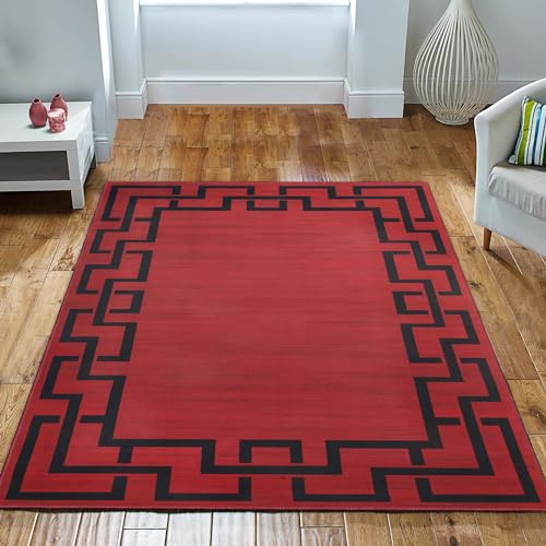 Imperial Rooms Area Rugs for Bedroom - Red Rugs Living Room Large 200x290 Cm Greek Key Style Non Shedding Modern Floor Carpet Super Soft Extra Large Rug - Easy Care (Lexi)