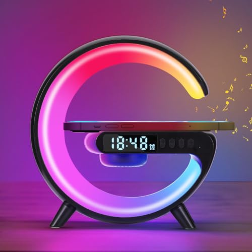 SUNJULY Lámpara de Noche con Cargador Inalámbrico, 2025 Nueva Lámpara de Escritorio LED Inteligente, Altavoz Bluetooth, Mini Luz Nocturna, Despertador Musical, Regalo, Control de Botones (Negro)
