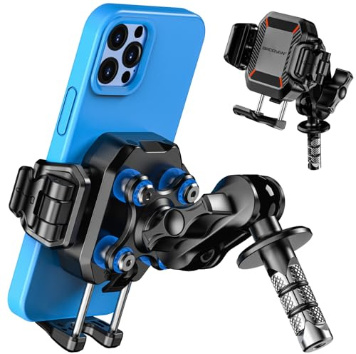 BRCOVAN Anti-Theft Motorcycle Fork Stem Phone Mount Holder with Vibration Dampener [1s Lock] [Camera Friendly] Adjustable Size Mobile Phone Cradle Fit 5.4-7.2 Cellphones