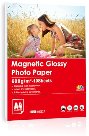 INKUWAY Magnetiskt fotopapper A4 Glans 10 ark glansigt tjockt magnetiskt utskriftsbart för bläckstråleskrivare hemma och på kontoret