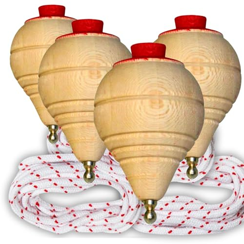 4 Peonzas de Madera Premium Con Cuerda - Juego Clásico Para Niños y Niñas - Trompos Con Punta Redonda