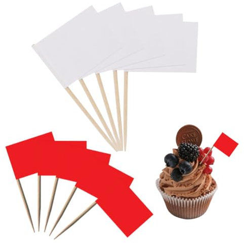 200 Pezzi Bandierine Stuzzicadenti in Legno per Antipasti Etichette a Bandierina per la Decorazioni di Prodotti Alimentari per Feste, Per Cupcake, 100 ciascuno di bianco e rosso