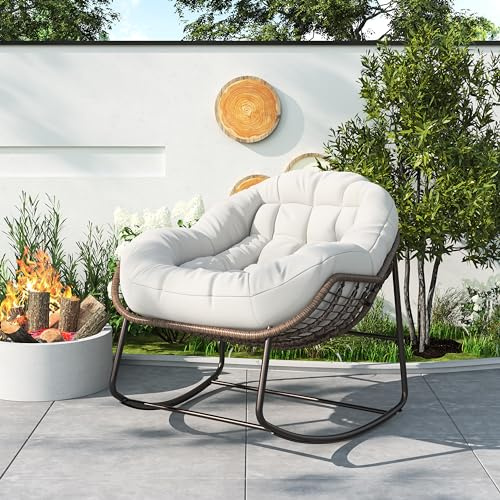BRILVERDE Sillón Mecedora con Cojines, Mecedora de ratán con Acolchado, para salón, sillón de Relax, hasta 113 kg, para balcón, terraza y jardín, salón (Beige)
