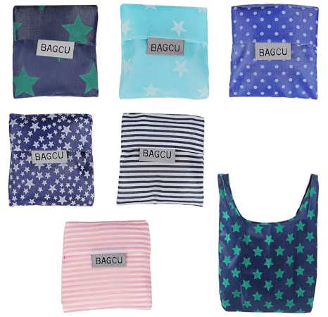 Kighdel 6 PCS Foldable Shopping Bags, Portable, Water Resistant, Reusable, Oxford Cloth, Blue&pink Stripes and Stars, 18.9 x 12.6 2 inches, Unisex, Practical Use