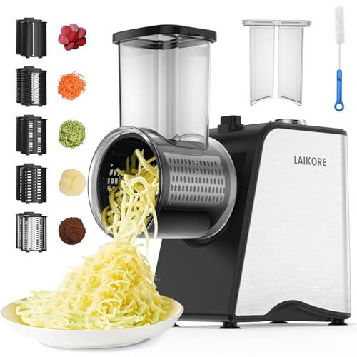 Electric Cheese Grater - 250W Electric Slicer Shredder Salad Maker with 5 Blades for Cheese, Vegetables, Fruits, and Salad, Easy One-Touch Control，5 in 1