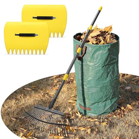 Leaf Rake 18” Wide Heavy Duty Metal 25 Tines Garden Rake Set with 30-75” Adjustable Long Handle for Yard Grass Shrub Mulch Including 32Gallon Garden Bag Leaf Scoops