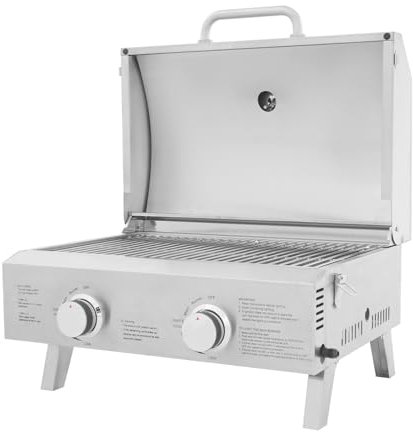 Fichiouy Barbacoa de gas de mesa de acero inoxidable, barbacoa de mesa con 2 quemadores, plegable y portátil, barbacoa de gas de mesa pequeña para balcón y camping
