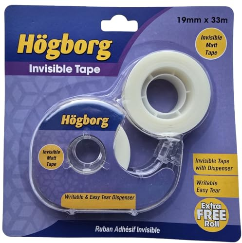 Högborg Invisible Matt Tape with Dispenser & Free Refill Roll – 19mm x 33m Magic Tape, Writable & Easy Tear, Clear Professional Adhesive for Documents, Office, School & Home
