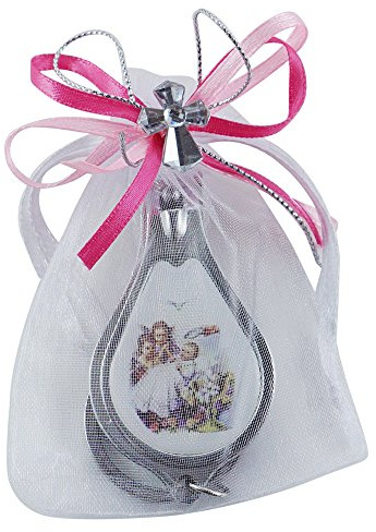 Baptism Keychain 12PCS Nail Clipper and Wine Opener Party Favors for Baby Girl -Bautizo Recuerdos/Baby Guardian Angel Design in Decorated Pouches (Pink)