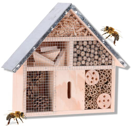 Smart-Planet Stabiles Insektenhotel - Bienenhotel aus Holz - Insekten Hotel mit Metalldach 29,5 x 8,8 x 28 cm (L x B x H) - für Garten und Hof