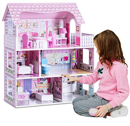 GOPLUS Maison de Poupées, Maison de Rêve en Bois, Villa Enfant à 3 Etages et 5 Pièces avec Mobiliers, Jouet de Rôle, y Compris Cuisine, Chambre, Salle de Bain et Balcon, 61 x 26,5 x 71CM, Rose