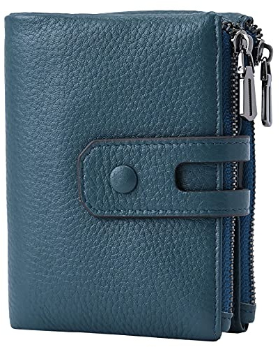 Bveyzi Small Soft Leather Wallet for Women RFID Blocking Ladies Card Holder with Double Zipper Pocket (Blue)