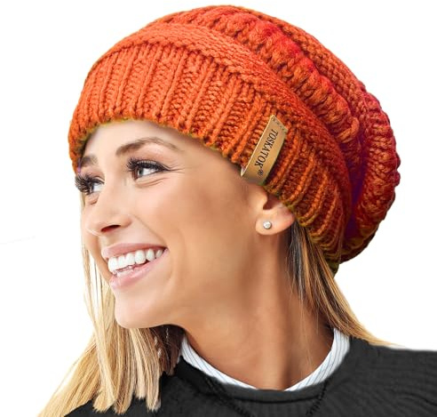 TOSKATOK Dam varm slappstickad vintermössa mössa med supermjuk velour termiskt foder skidmössa, Orange, en storlek