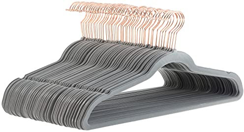 Amazon Basics Kleiderbügel für Anzüge, Samt, schmal, rutschfest, 50 stück, Grau/Gold