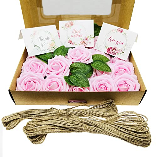 Cayway Fiori Rosa Artificiali, Fiori Artificiali Schiuma, Rosa Rose Artificiali con Steli con Biglietti di Auguri per DIY Matrimoni Mazzi Festa Casa Stanza Decorazioni