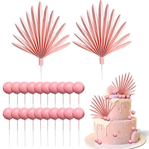 Cosysparks 22 Pcs Palm Leaf Fan Cake Topper Set, 2 Pcs Big Paper Palm Fan Cake Toppers with 20 Pcs Ball Cake Toppers DIY Palm Spear Leaf Cupcake Toppers for Birthday, Wedding, Party Decoration(Pink)