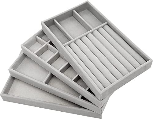 PIQIUQIU Organizer Portagioie, 4 Vassoi Impilabili per Gioielli, Cassetto per Conservare e Presentare Orecchini, Collane, Anelli (Grigio)