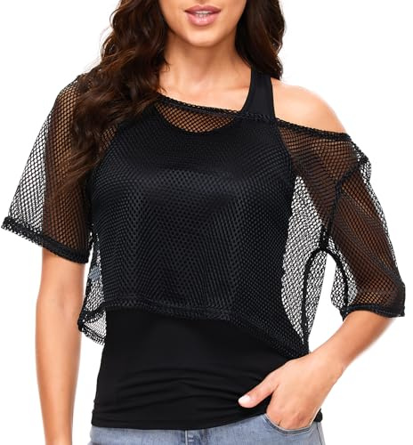 Kiiwah Maglia a Rete da Donna, Accessori Anni 80 Maglia a Rete, Neon Mesh Top Maglietta a Rete Costume Anni 80 90 Donna per Carnevale Halloween Natale Cosplay Festa a Tema
